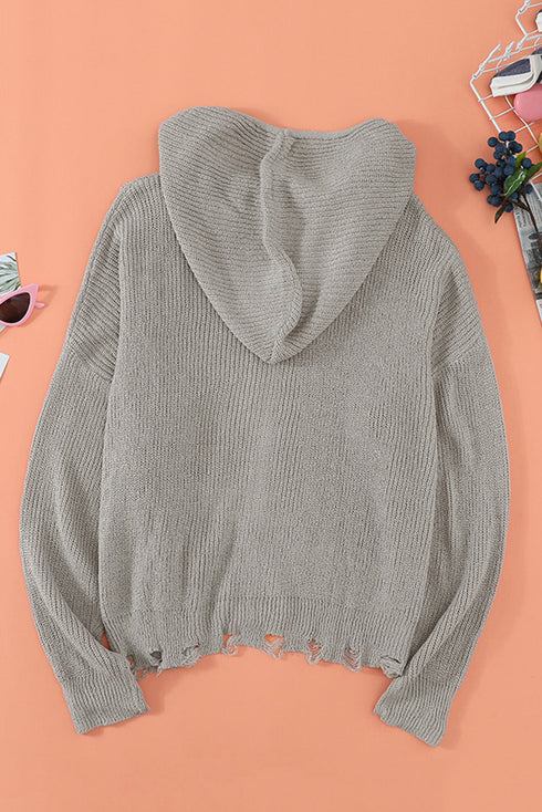 Zipper V-Neck Dropped Sleeve Hooded Solid Sweater
